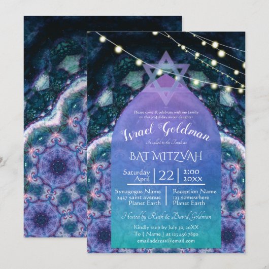Invitation Nuits bohèmes avec étoile de David | Bleu Violet (Devant / Derrière)