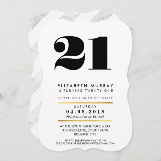 Invitation NUMÉRO D'ÂGE LIBRE minimal noir & marbre 21e INVIT (Devant / Derrière)
