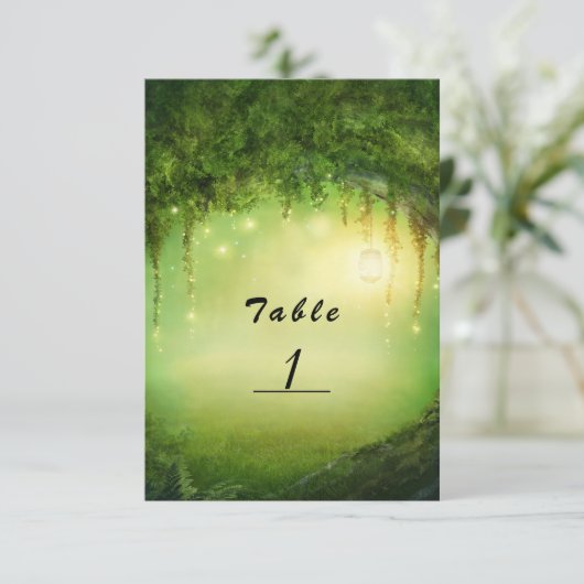 Invitation Numéro de la table Mariage Forêt et Lumières encha (Debout devant)