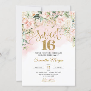 Invitation Numéro de parties scintillant or rose doux roses s