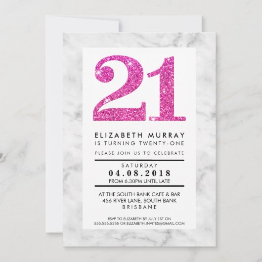 Invitation NUMÉRO DE PARTIES SCINTILLANT ROSE 21 21e INVITATI (Devant)