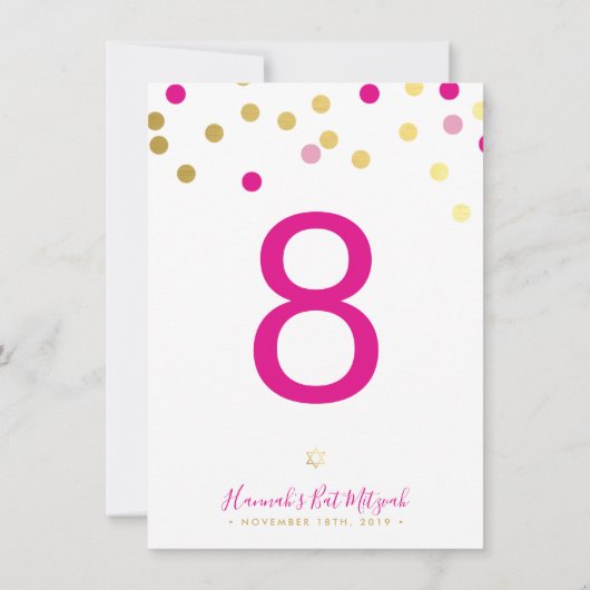 Invitation NUMÉRO DE TABLEAU Bat mitzvah glam confetti or ros (Dos)