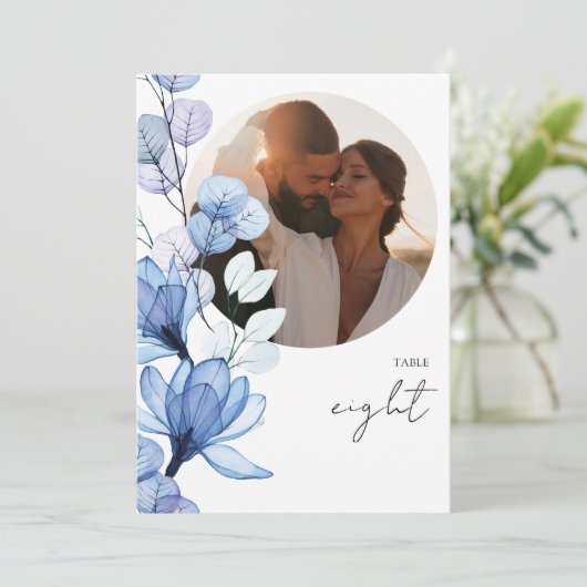 Invitation Numéro de tableau de photos bleu clair transparent (Debout devant)