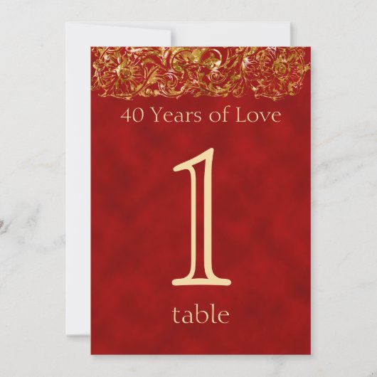 Invitation Numéro de tableau du 40e anniversaire rouge et or (Devant)