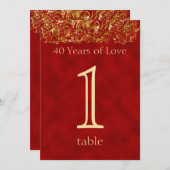 Invitation Numéro de tableau du 40e anniversaire rouge et or (Devant / Derrière)