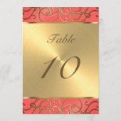 Invitation Numéro de tableau Élégant Corail et Gold Filigree (Dos)