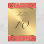 Invitation Numéro de tableau Élégant Corail et Gold Filigree (Devant)