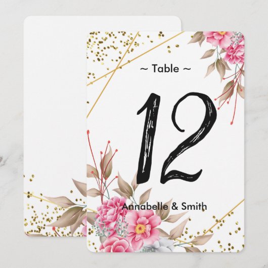 Invitation Numéro de tableau géométrique Gold Frame rose Flor (Devant / Derrière)