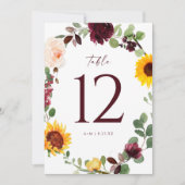 Invitation Numéro de tableau mariage Tournesol Rose Bourgogne (Devant)