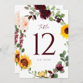 Invitation Numéro de tableau mariage Tournesol Rose Bourgogne (Devant / Derrière)