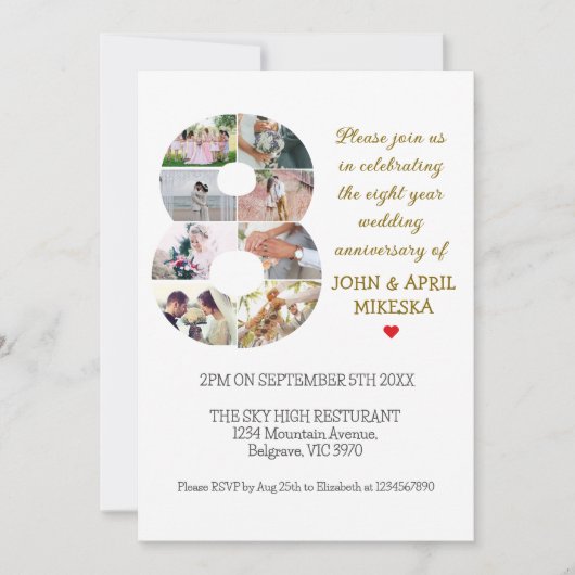 Invitation Numéro Huit Anniversaire du Mariage photo personna (Devant)