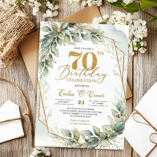 Invitation Numéro or aquarelle eucalyptus 70e anniversaire