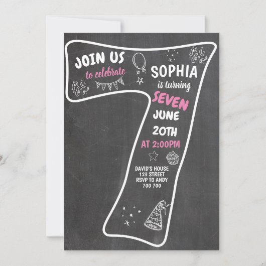 Invitation Numéro rose du tableau de bord de la fille du 7e a (Devant)