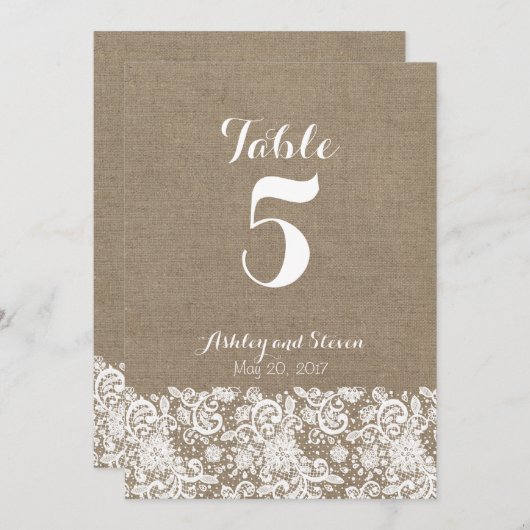 Invitation Numéros de tableau pour mariage rustique - burlap  (Devant / Derrière)