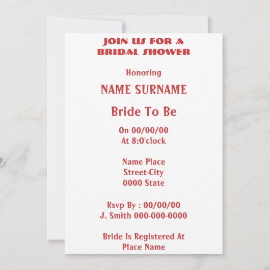 invitation nuptiale de douche (Dos)