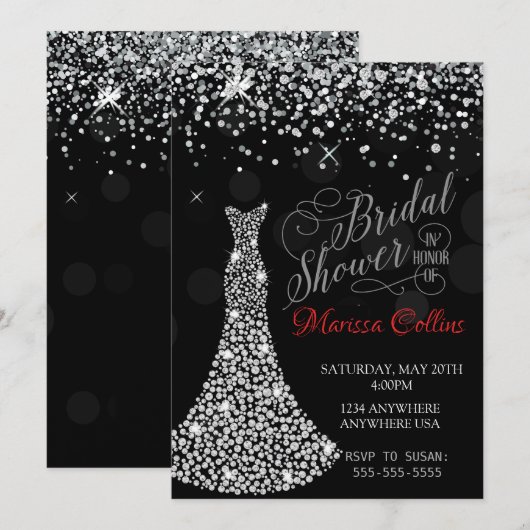 Invitation nuptiale de douche de robe de diamant, (Devant / Derrière)