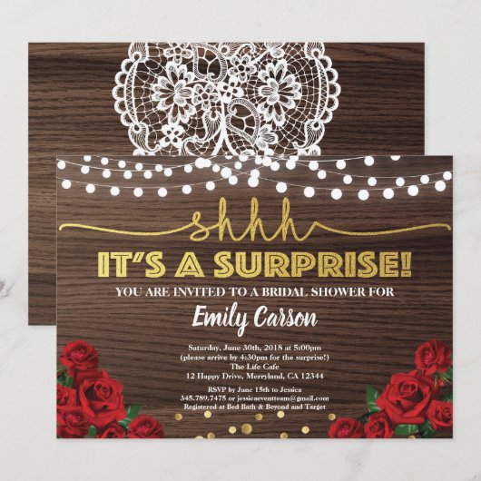 Invitation nuptiale de douche de surprise de rose (Devant / Derrière)