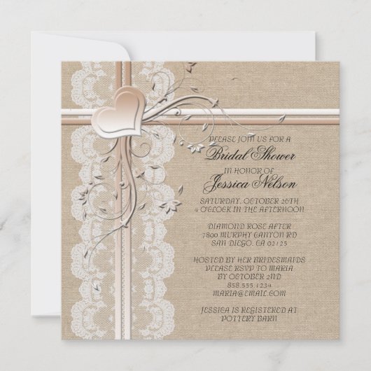 Invitation nuptiale de luxe Lace Heart Burlap (Devant)