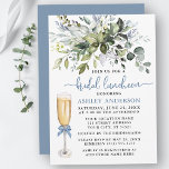 Invitation Nuptiale Luncheon Aquarelle Verdure Dusty Blue Bow<br><div class="desc">Moderne Elegant Aquarelle Botanique Verdure Fête des mariées Luncheon Invitation Card comprend des feuilles d'eucalyptus,  vert feuillage botanique,  feuilles bleu poussiéreux et d'autres belles verdure botanique. Bleu Dusty Back. Verre de Champagne avec Bow bleu Dusty. Coeur de script de calligraphie branché.</div>