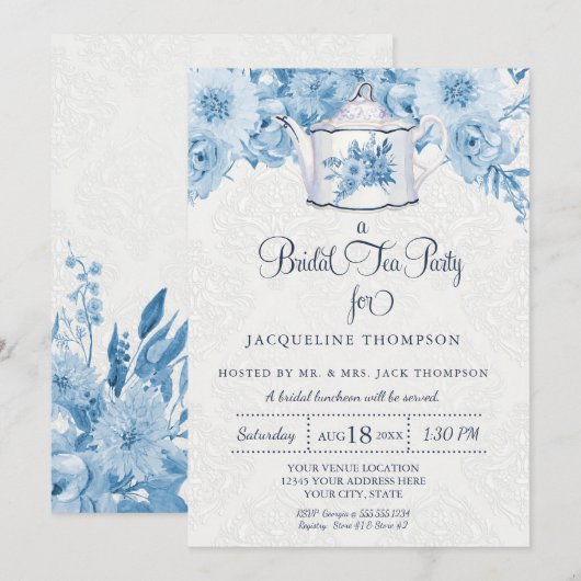 Invitation Nuptiale Tea Party Aquarelle Marine Bleu Blanc Flo (Devant / Derrière)