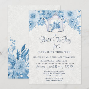Invitation Nuptiale Tea Party Aquarelle Marine Bleu Blanc Flo
