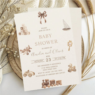 Invitation Nursery bohème aquarelle jouets beige baby shower