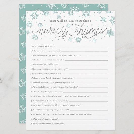 Invitation Nursery Rhyme Game Snowflake Baby shower Game Card (Devant / Derrière)
