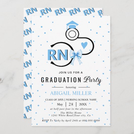 Invitation Nursing shool stethoscope blue RN graduation Invit (Devant / Derrière)