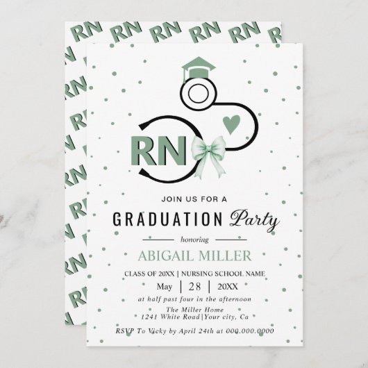 Invitation Nursing shool stethoscope green RN graduation (Devant / Derrière)