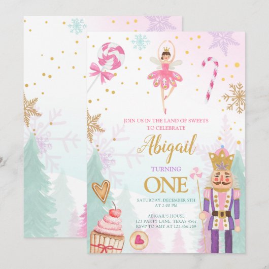 Invitation Nutcracker Birthday Girl Land of Sweets Fairy (Devant / Derrière)
