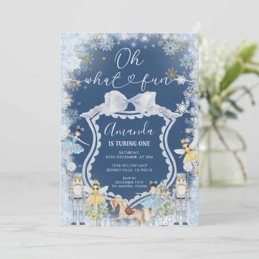 Invitation Nutcracker Blue Winter Oh What Fun First Birday (Debout devant)