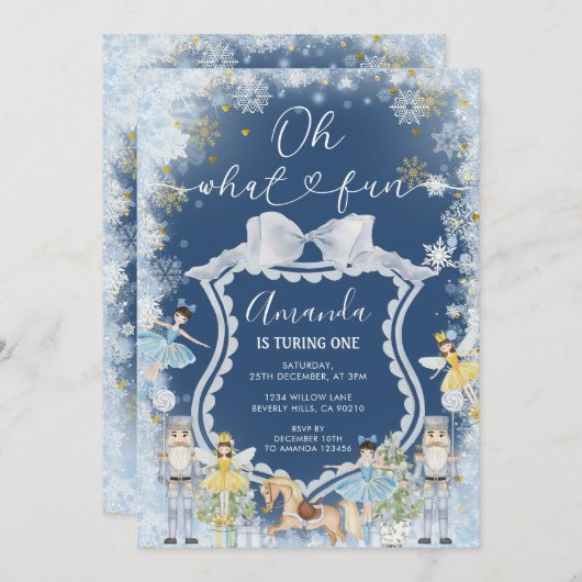 Invitation Nutcracker Blue Winter Oh What Fun First Birday (Devant / Derrière)
