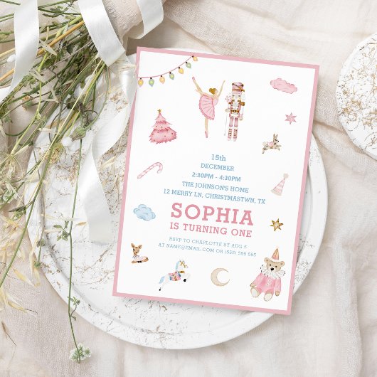 Invitation Nutcracker et Ballerina Noël rose Anniversaire