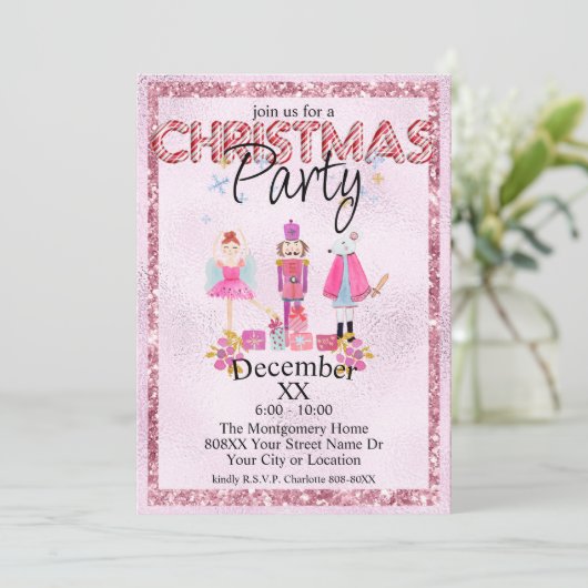 Invitation Nutcracker Noël Aquarelle Parties scintillant rose (Debout devant)