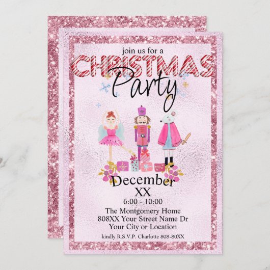 Invitation Nutcracker Noël Aquarelle Parties scintillant rose (Devant / Derrière)