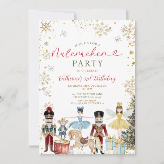 Invitation Nutcracker Party 1er Anniversaire Gold Snowflakes (Devant)
