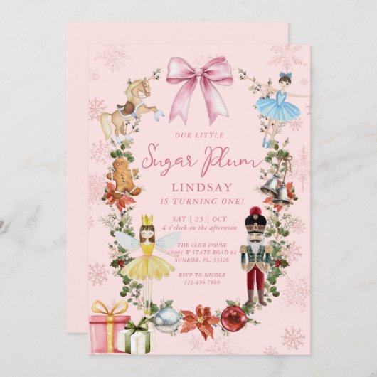 Invitation Nutcracker Pink Bow Noël Fille 1er anniversaire (Devant / Derrière)