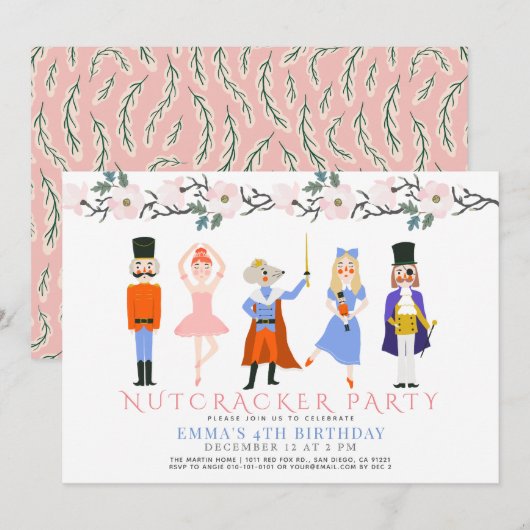 Invitation Nutcracker rose Noël Floral Girl Anniversaire (Devant / Derrière)