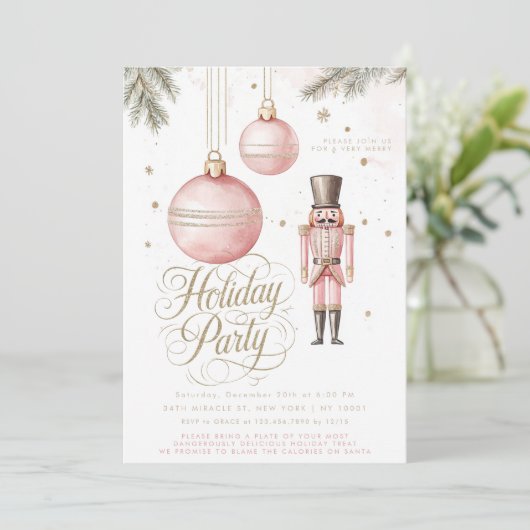 Invitation Nutcracker rose or ornements de vacances (Debout devant)
