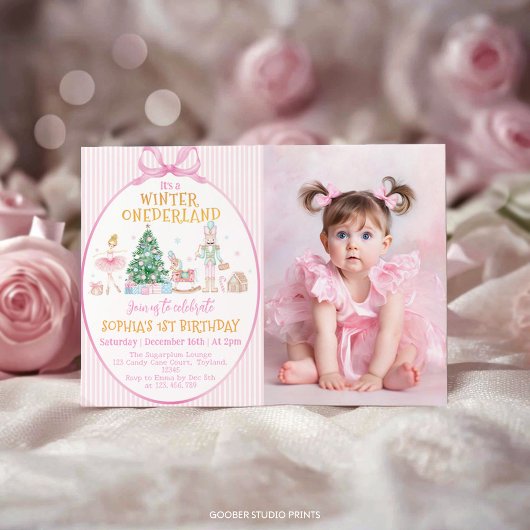 Invitation Nutcracker Winter Onederland Pink Birthday Photo