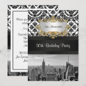 Invitation NY City Skyline BW 431 Damask Birthday Party V (Devant / Derrière)
