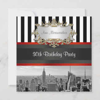 Invitation NY City Skyline BW Black White Stripe Anniversaire