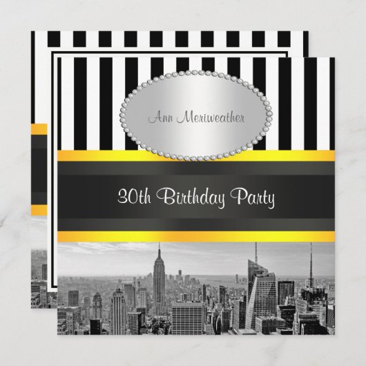 Invitation NY City Skyline BW Blk Wht Strp Jaune Anniversaire (Devant / Derrière)