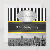 Invitation NY City Skyline BW Blk Wht Strp Jaune Anniversaire (Devant)