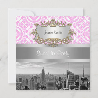 Invitation NY City Skyline BW D4P Damask Rose Blanc