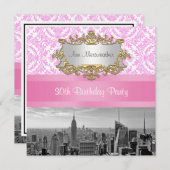 Invitation NY City Skyline BW D4P Rose Damask Anniversaire Pa (Devant / Derrière)