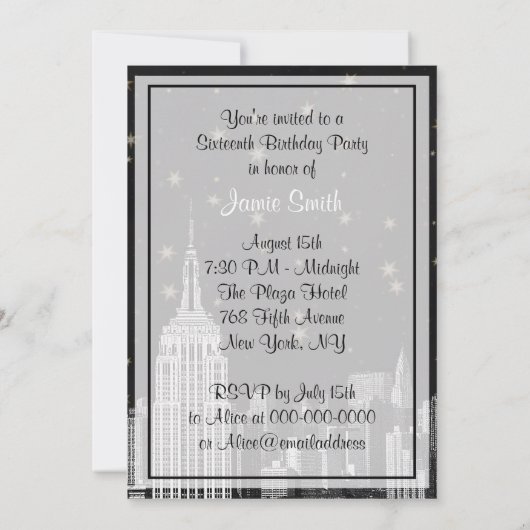 Invitation NYC ESB Skyline Etched Black Starry Sweet 16 V (Dos)