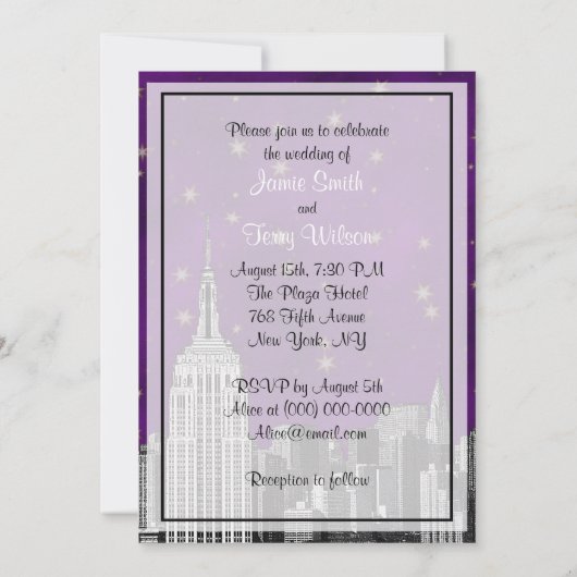 Invitation NYC ESB Skyline Etted Purple Starry Mariage (Dos)