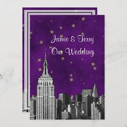 Invitation NYC ESB Skyline Etted Purple Starry Mariage (Devant / Derrière)