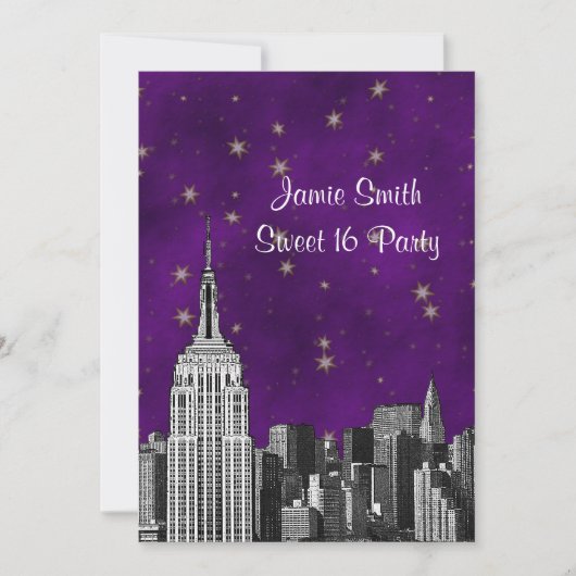 Invitation NYC ESB Skyline Gravé Étoile Violette Douce 16 V (Devant)